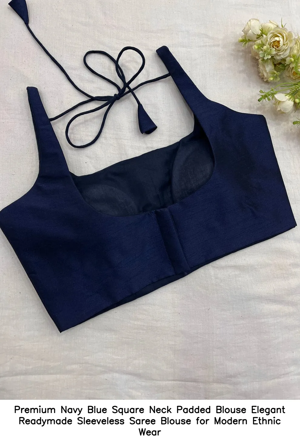 Premium Navy Blue Square Neck Padded Blouse – Elegant Readymade Sleeveless Saree Blouse for Modern Ethnic Wear