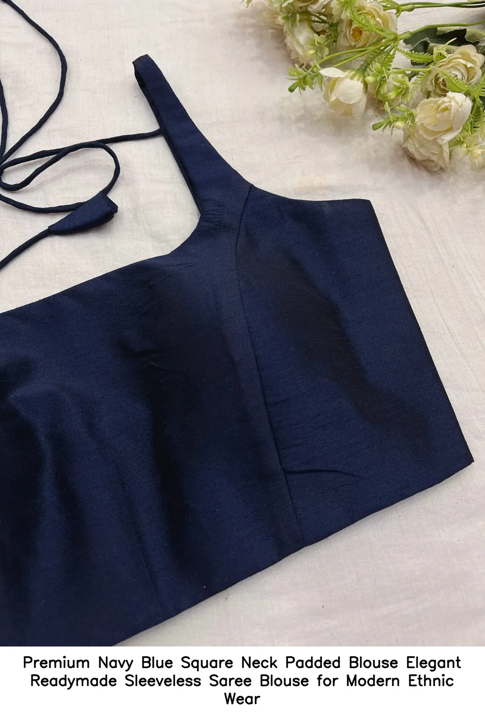 Premium Navy Blue Square Neck Padded Blouse – Elegant Readymade Sleeveless Saree Blouse for Modern Ethnic Wear 2