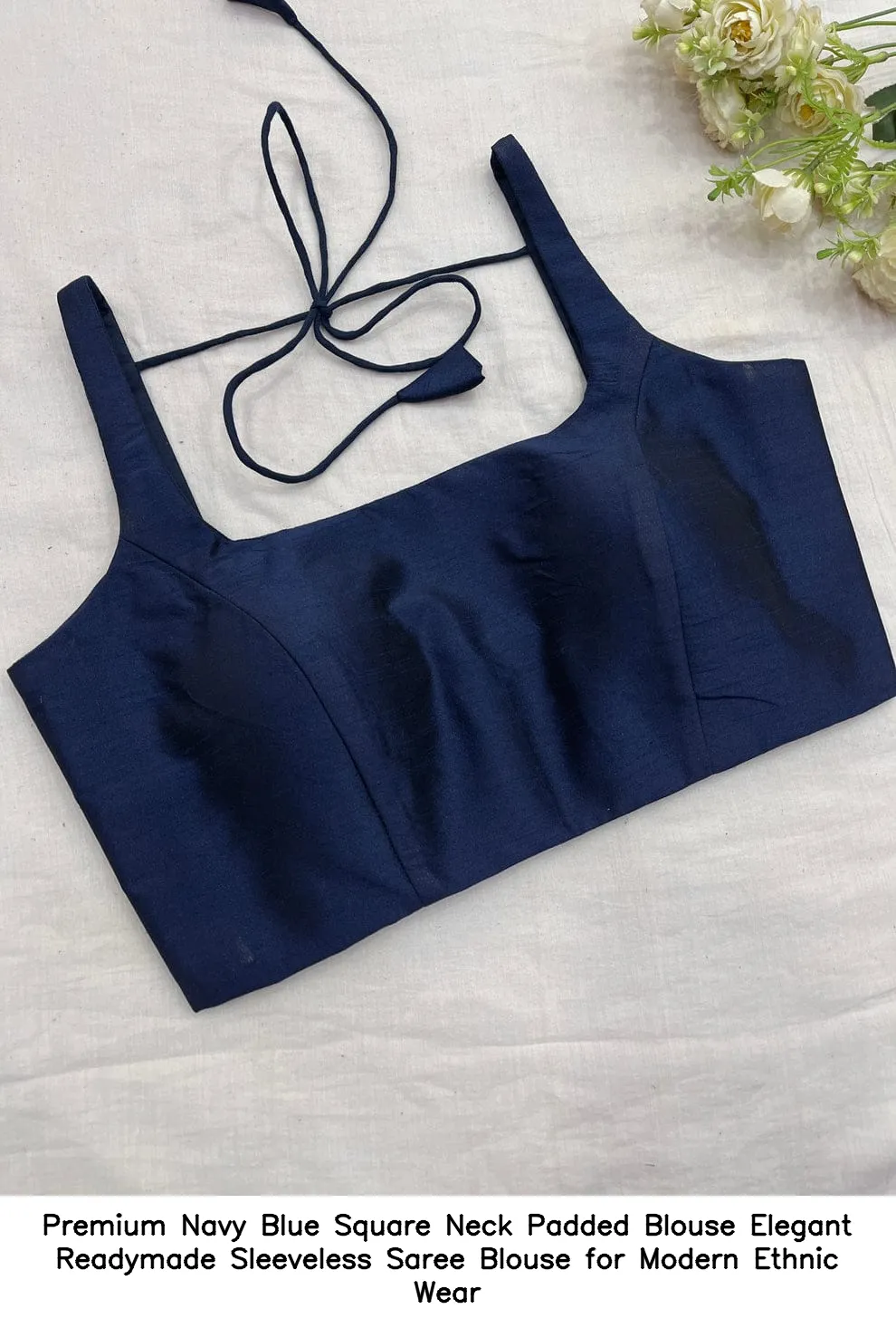 Premium Navy Blue Square Neck Padded Blouse – Elegant Readymade Sleeveless Saree Blouse for Modern Ethnic Wear 3