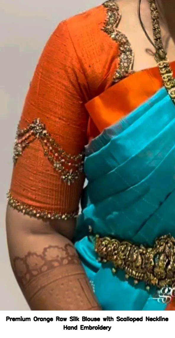 Premium Orange Raw Silk Blouse with Scalloped Neckline Hand Embroidery 2