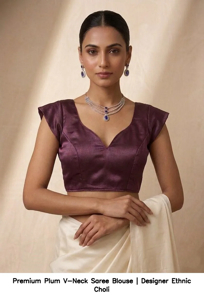 Premium Plum V-Neck Saree Blouse | Designer Ethnic Choli 2