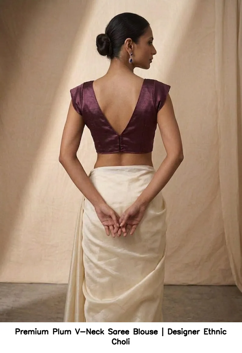 Premium Plum V-Neck Saree Blouse | Designer Ethnic Choli 3