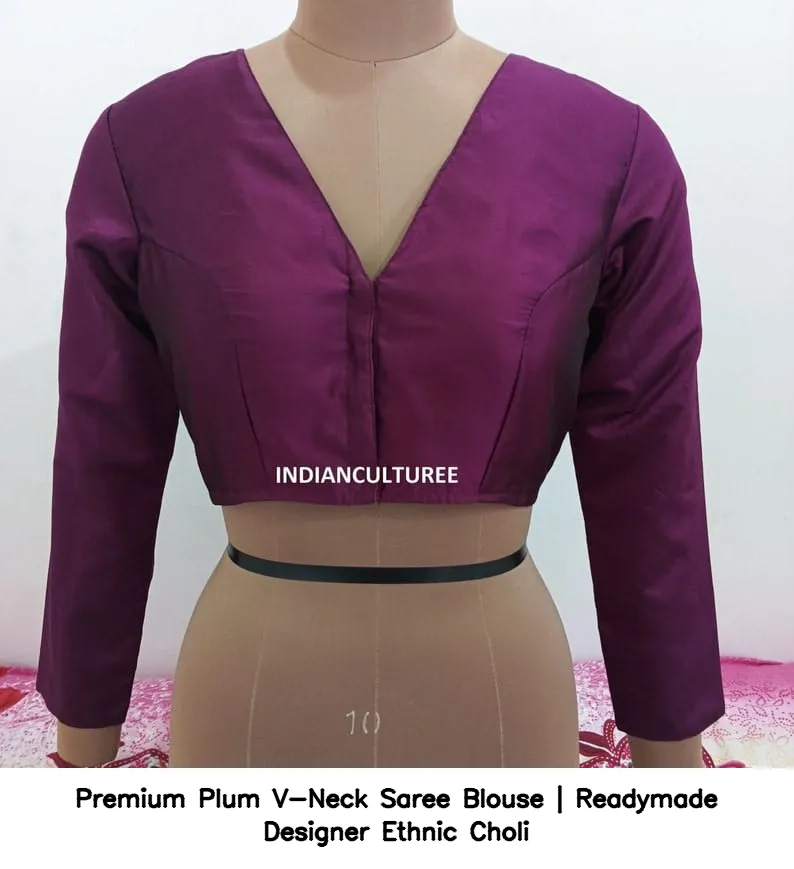 Premium Plum V-Neck Saree Blouse | Readymade Designer Ethnic Choli 3