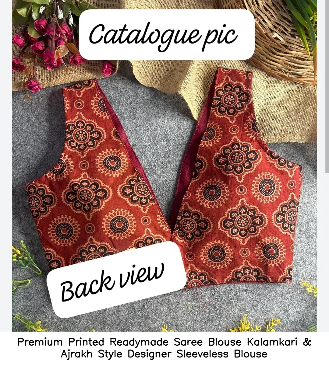 Premium Printed Readymade Saree Blouse – Kalamkari & Ajrakh Style Designer Sleeveless Blouse 2