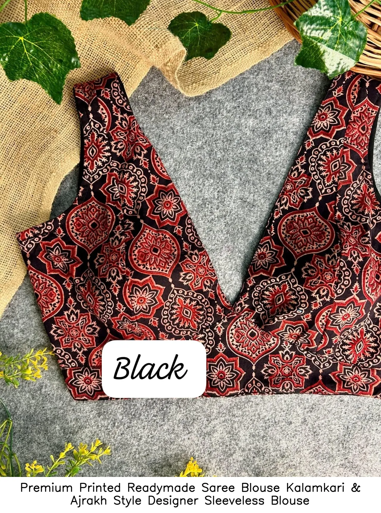 Premium Printed Readymade Saree Blouse – Kalamkari & Ajrakh Style Designer Sleeveless Blouse 3