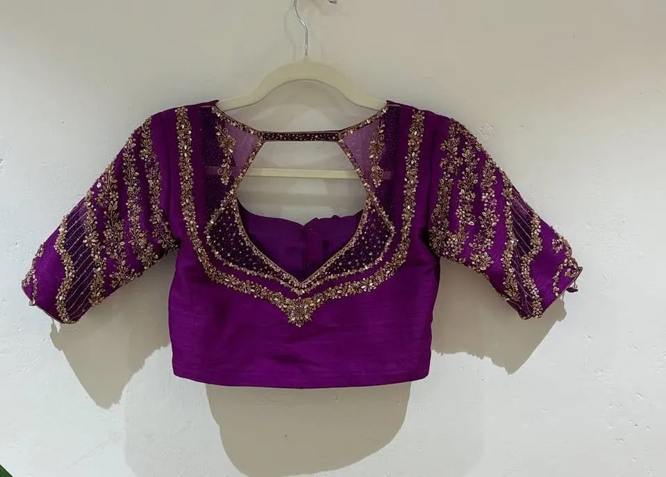 Premium Purple Silk Blouse with Intricate Hand Embroidery & Scallop Back