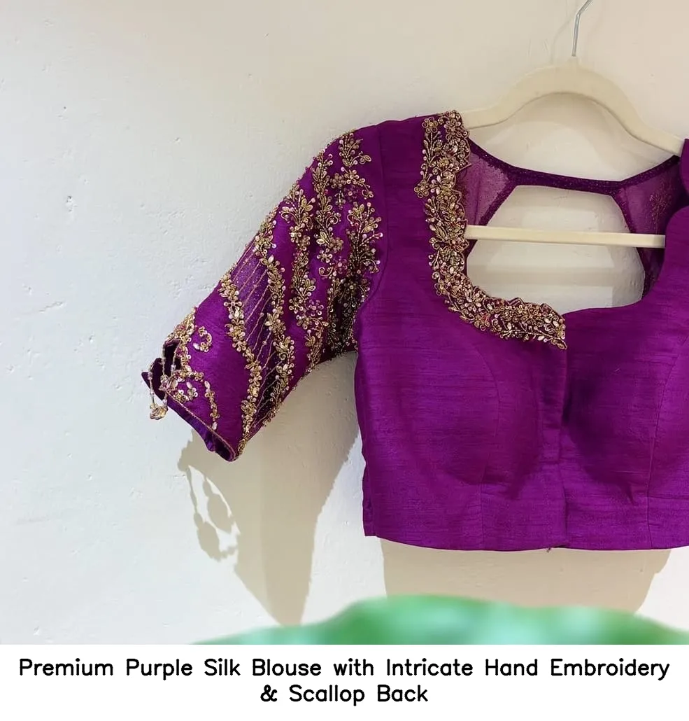 Premium Purple Silk Blouse with Intricate Hand Embroidery & Scallop Back 2