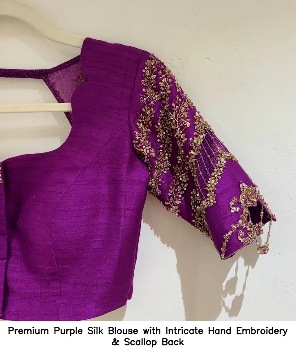Premium Purple Silk Blouse with Intricate Hand Embroidery & Scallop Back 3