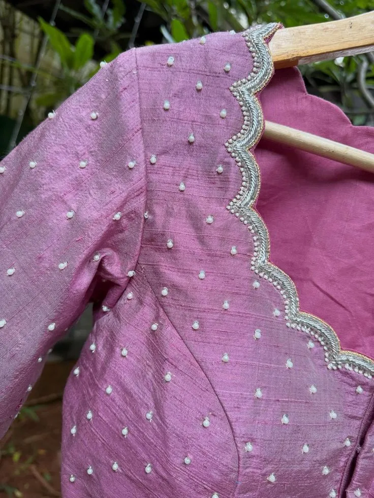 Premium Raw Silk Blouse with Scallop Detailing & Pearl Buttas | Custom Stitched 1
