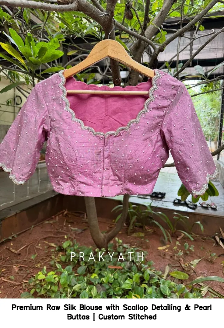 Premium Raw Silk Blouse with Scallop Detailing & Pearl Buttas | Custom Stitched 3