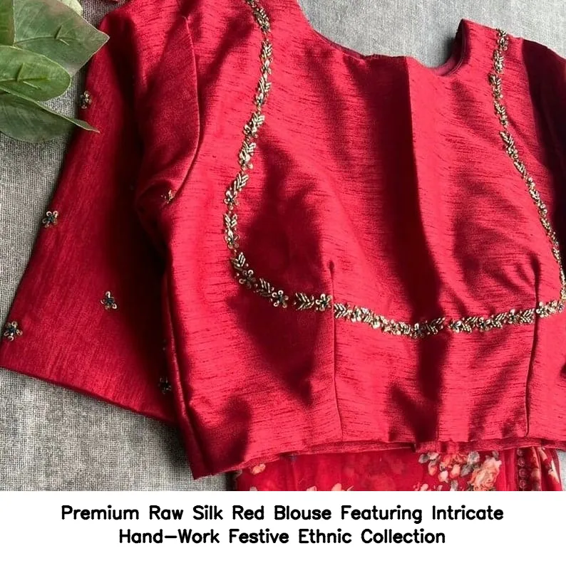 Premium Raw Silk Red Blouse Featuring Intricate Hand-Work – Festive Ethnic Collection 2