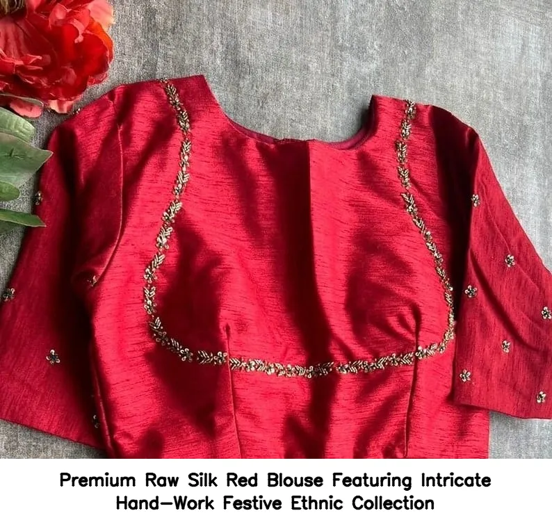 Premium Raw Silk Red Blouse Featuring Intricate Hand-Work – Festive Ethnic Collection 3