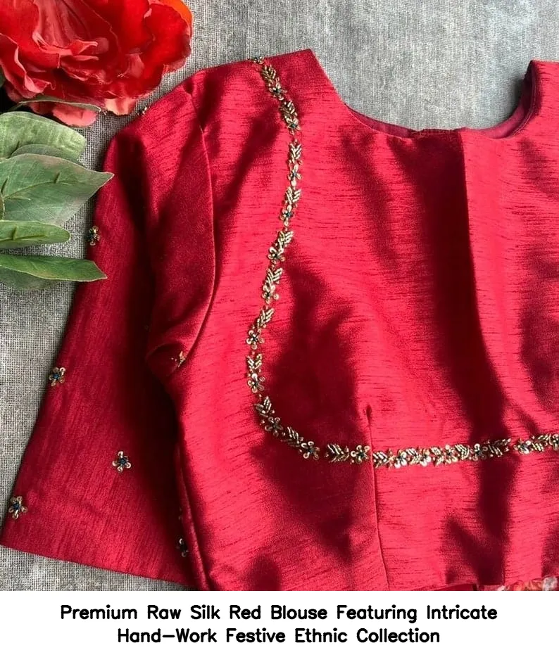 Premium Raw Silk Red Blouse Featuring Intricate Hand-Work – Festive Ethnic Collection 4