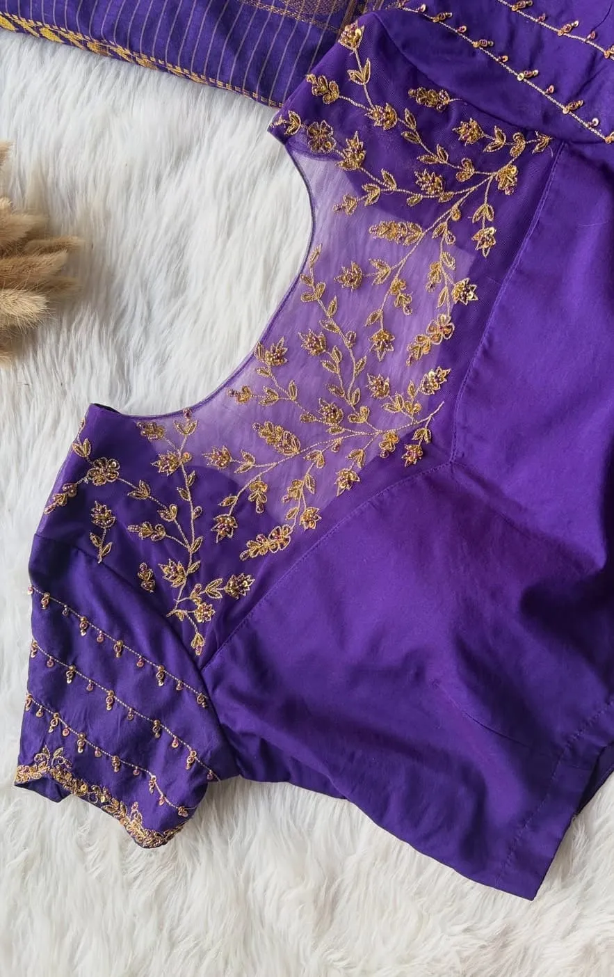 Premium Ready-to-Wear Purple Silk Blouse | Intricate Net & Embroidery Detailing