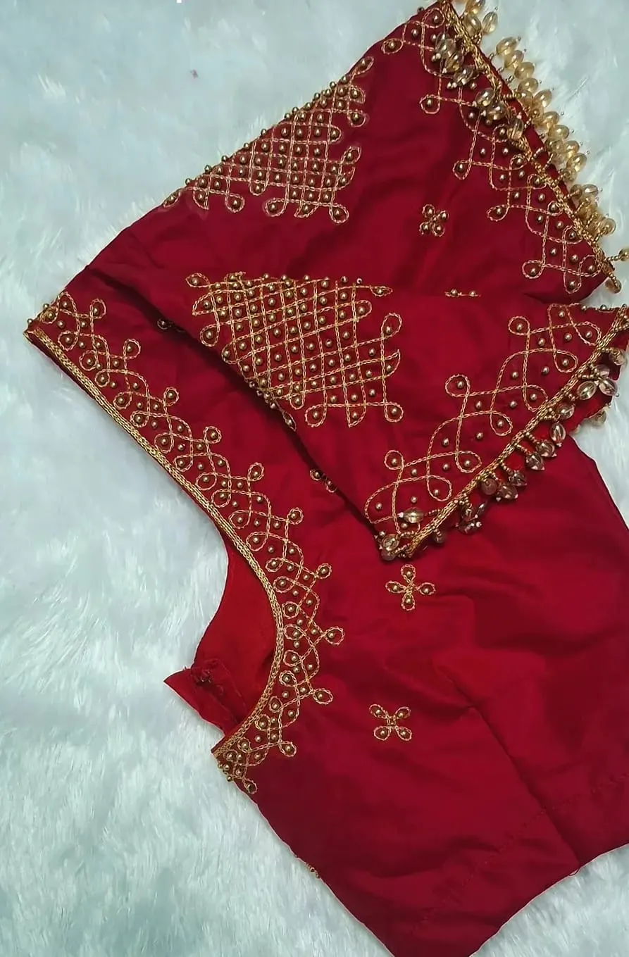 Premium Red Aari Work Blouse Design with Intricate Zardosi & Beaded Latkans for Festive Wear