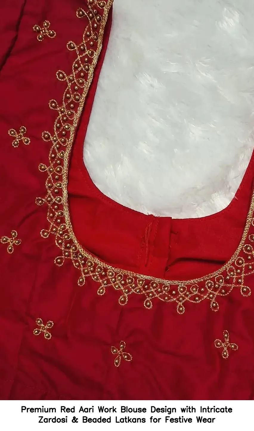 Premium Red Aari Work Blouse Design with Intricate Zardosi & Beaded Latkans for Festive Wear 2
