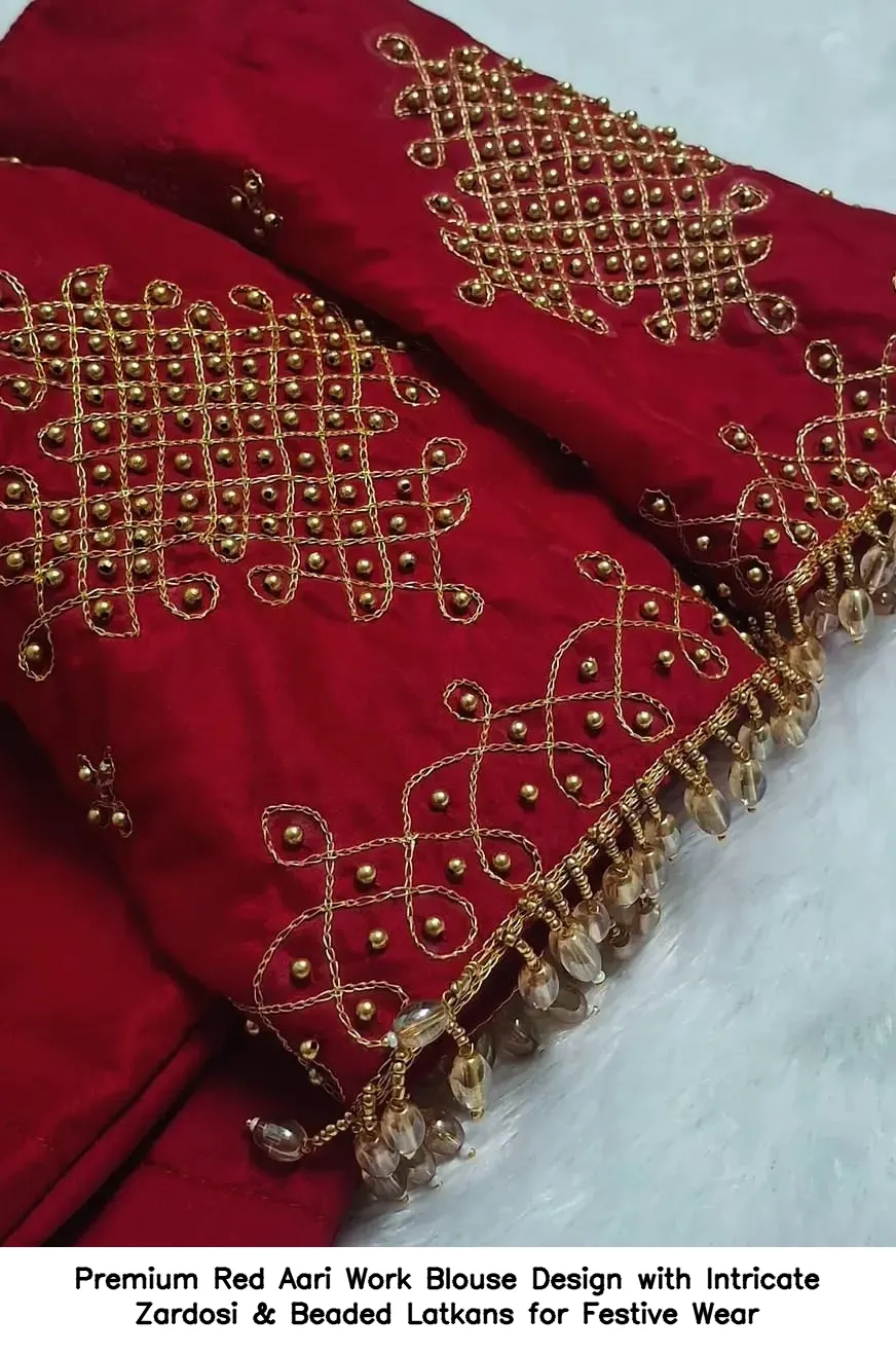 Premium Red Aari Work Blouse Design with Intricate Zardosi & Beaded Latkans for Festive Wear 3