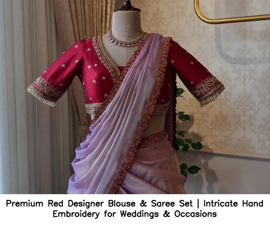 Premium Red Designer Blouse & Saree Set | Intricate Hand Embroidery for Weddings & Occasions 2