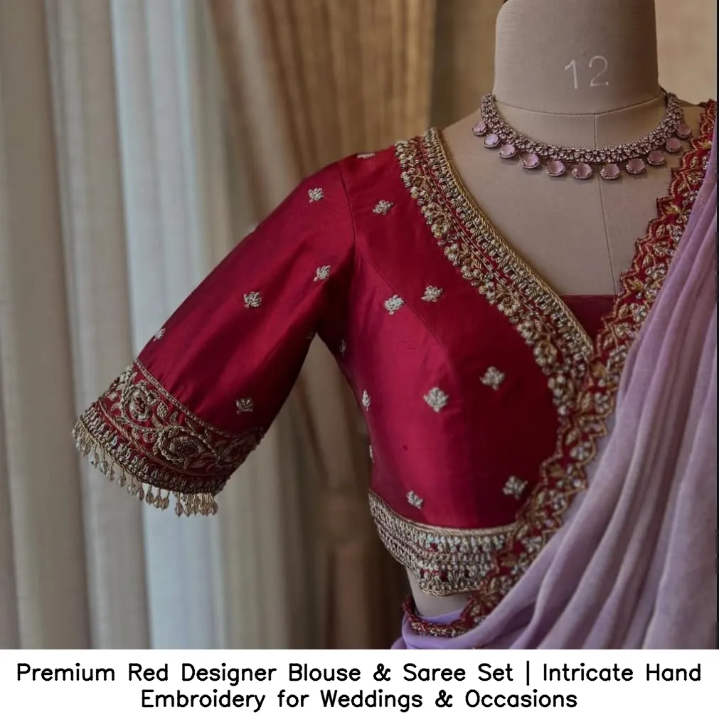 Premium Red Designer Blouse & Saree Set | Intricate Hand Embroidery for Weddings & Occasions 3