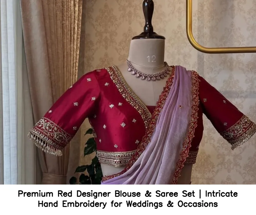 Premium Red Designer Blouse & Saree Set | Intricate Hand Embroidery for Weddings & Occasions 4
