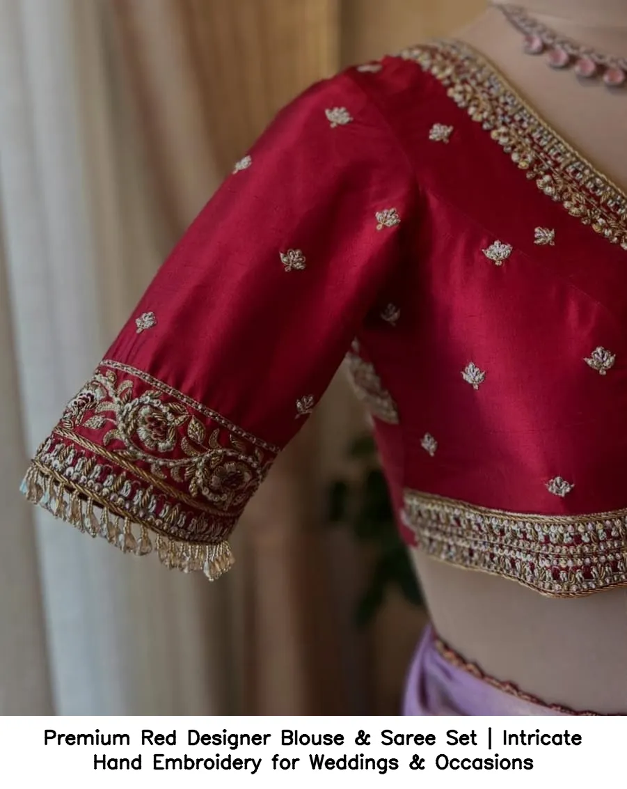 Premium Red Designer Blouse & Saree Set | Intricate Hand Embroidery for Weddings & Occasions 5