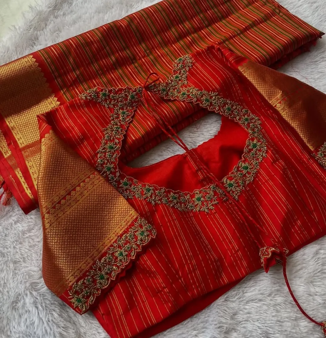 Premium Red Designer Silk Blouse with Heavy Aari and Zardosi Work | Exclusive Ethnic Collection