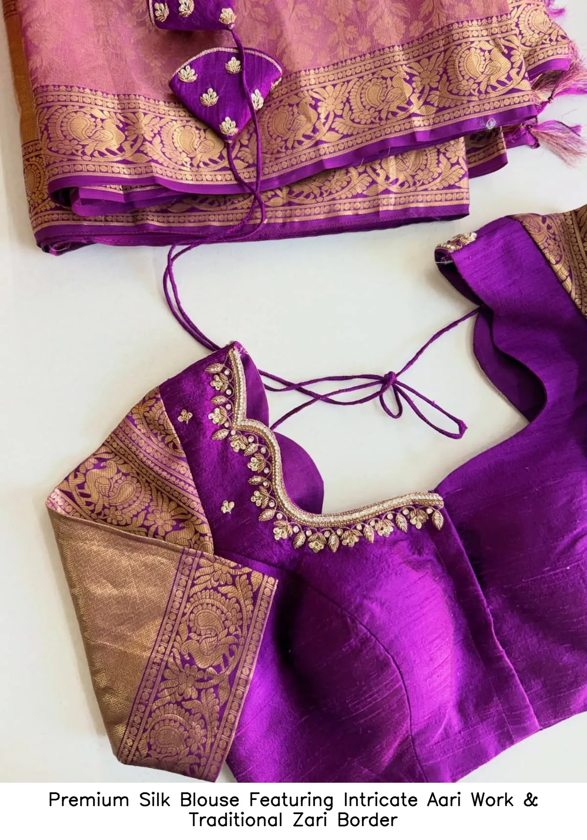 Premium Silk Blouse Featuring Intricate Aari Work & Traditional Zari Border 2