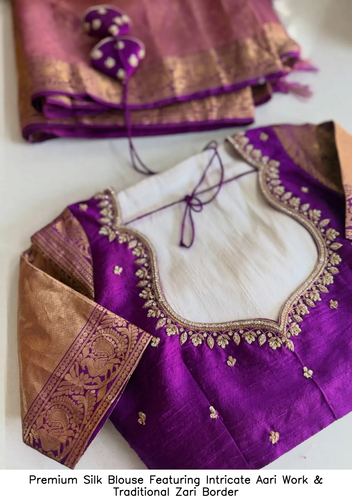 Premium Silk Blouse Featuring Intricate Aari Work & Traditional Zari Border 3