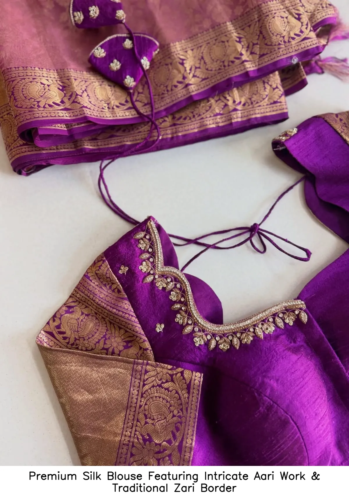 Premium Silk Blouse Featuring Intricate Aari Work & Traditional Zari Border 4