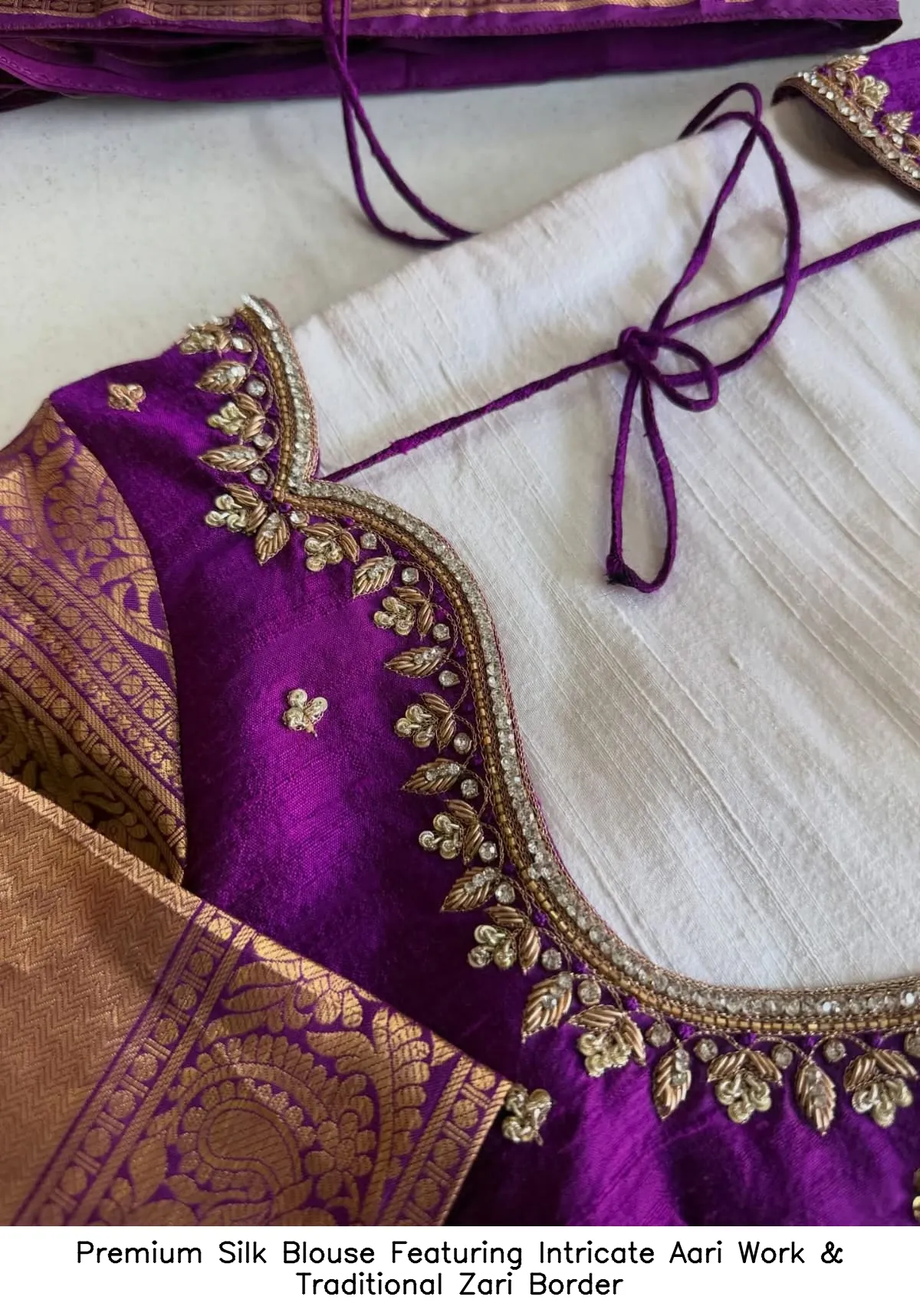 Premium Silk Blouse Featuring Intricate Aari Work & Traditional Zari Border 5