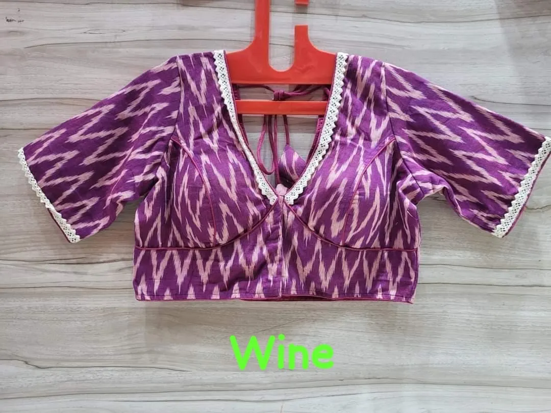 Premium Wine & Black Ikat Print Readymade Blouse | Elegant Lace Work Design