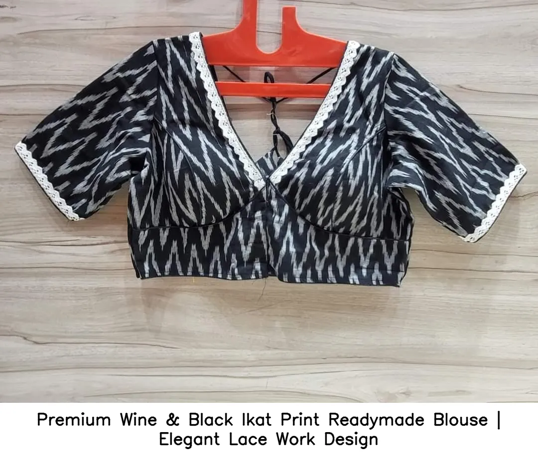 Premium Wine & Black Ikat Print Readymade Blouse | Elegant Lace Work Design 2