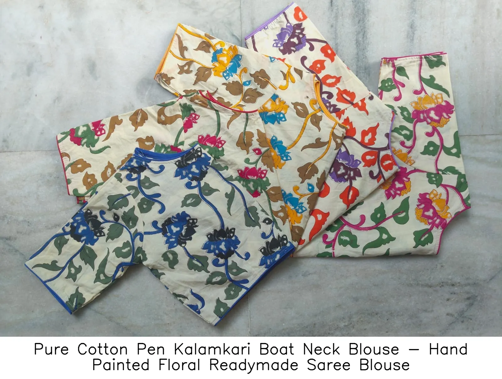 Pure Cotton Pen Kalamkari Boat Neck Blouse - Hand Painted Floral Readymade Saree Blouse 2