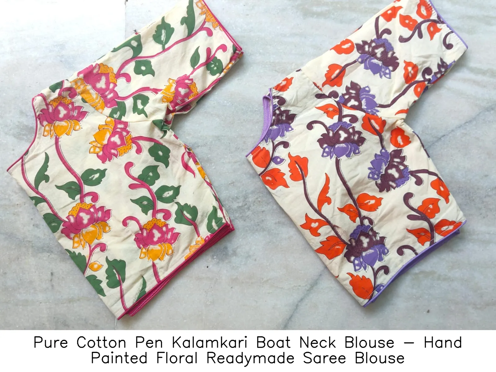 Pure Cotton Pen Kalamkari Boat Neck Blouse - Hand Painted Floral Readymade Saree Blouse 3