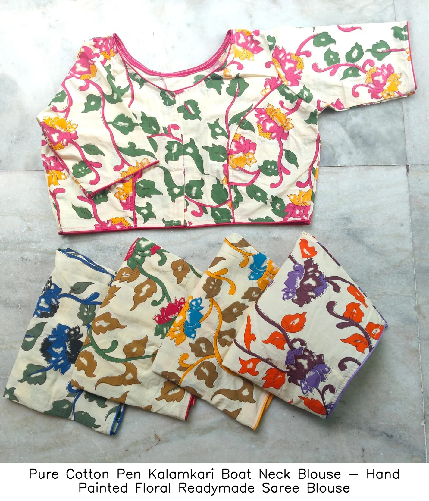 Pure Cotton Pen Kalamkari Boat Neck Blouse - Hand Painted Floral Readymade Saree Blouse 4
