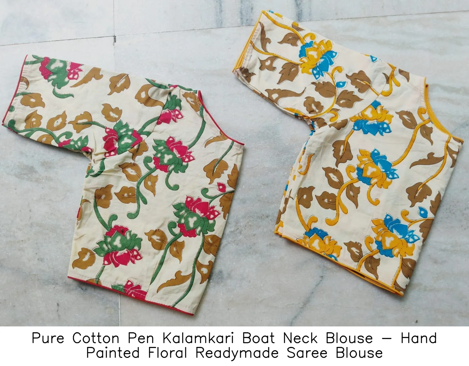 Pure Cotton Pen Kalamkari Boat Neck Blouse - Hand Painted Floral Readymade Saree Blouse 5