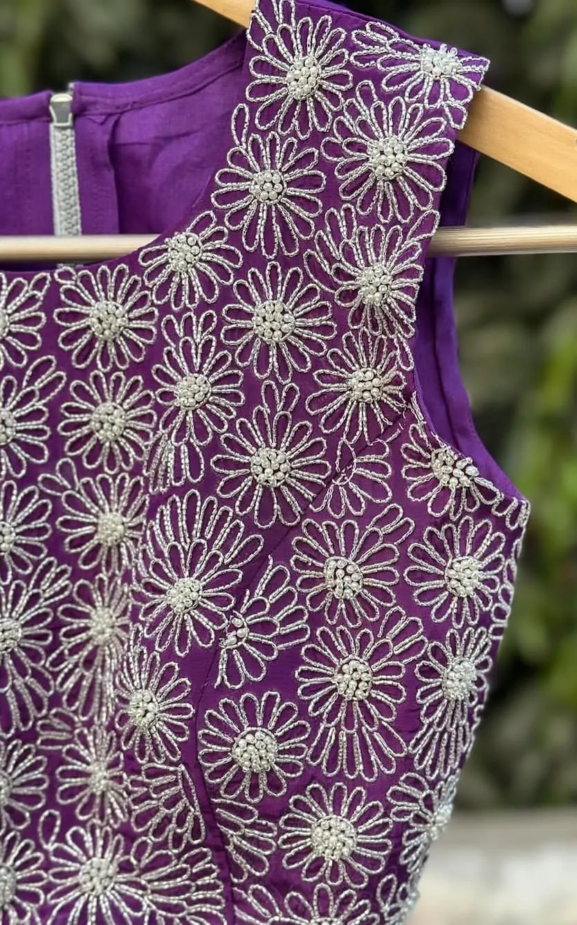 Purple Embroidered Floral Blouse with Pearl Accents | Premium Hand-Embellished Festive Wear