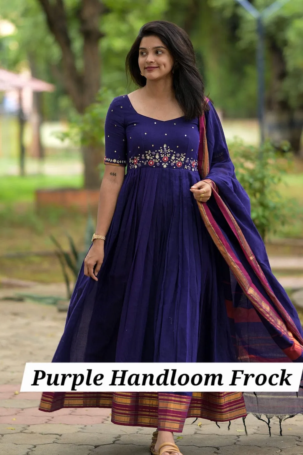 Purple Handloom Cotton Anarkali Frock with Embroidered Waist & Dupatta 1