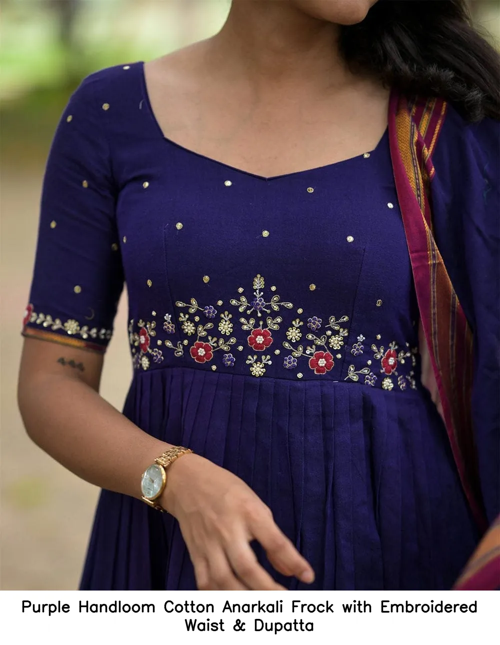 Purple Handloom Cotton Anarkali Frock with Embroidered Waist & Dupatta 2