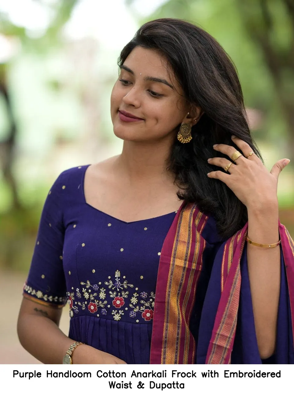 Purple Handloom Cotton Anarkali Frock with Embroidered Waist & Dupatta 3