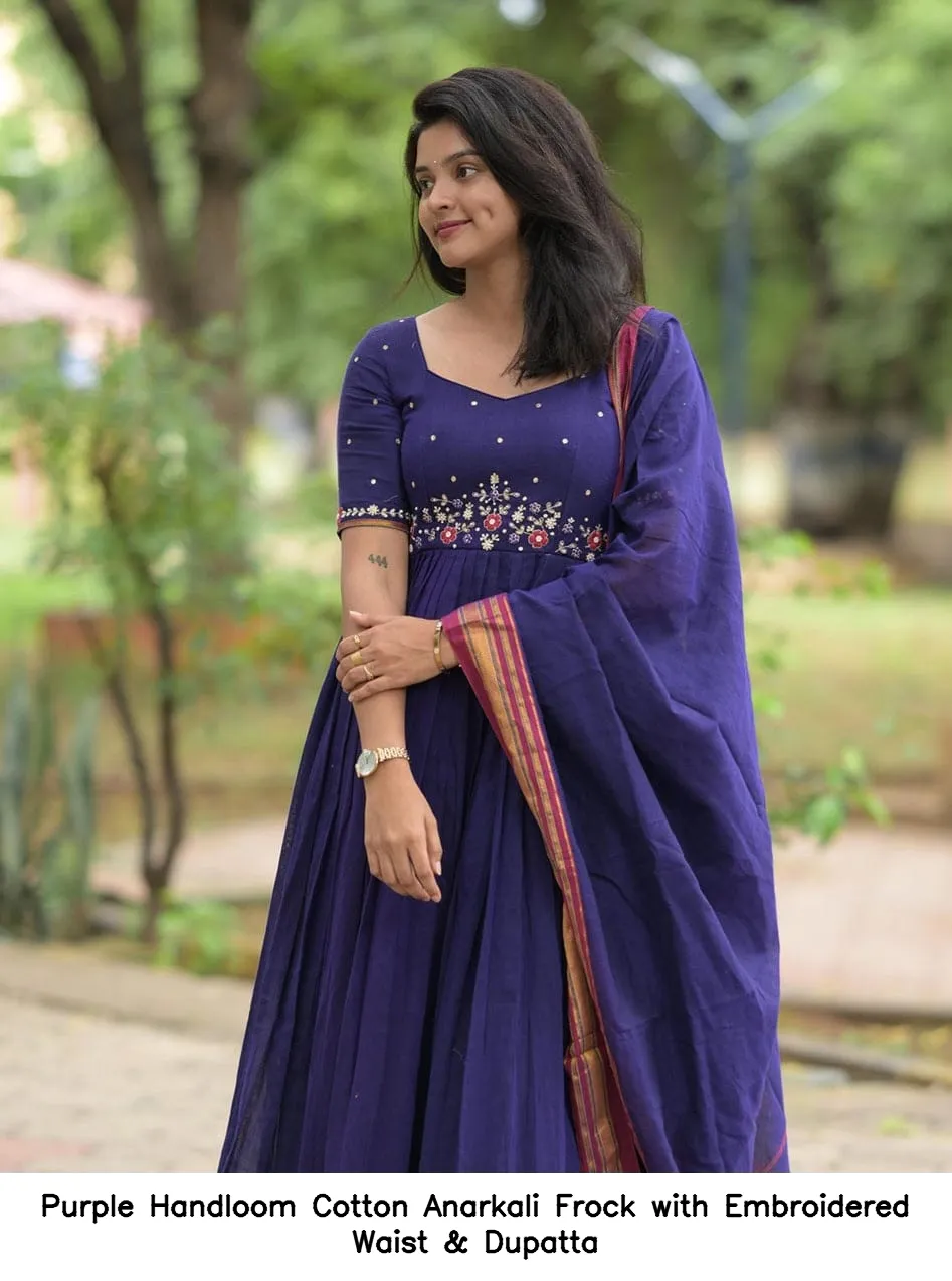 Purple Handloom Cotton Anarkali Frock with Embroidered Waist & Dupatta 4