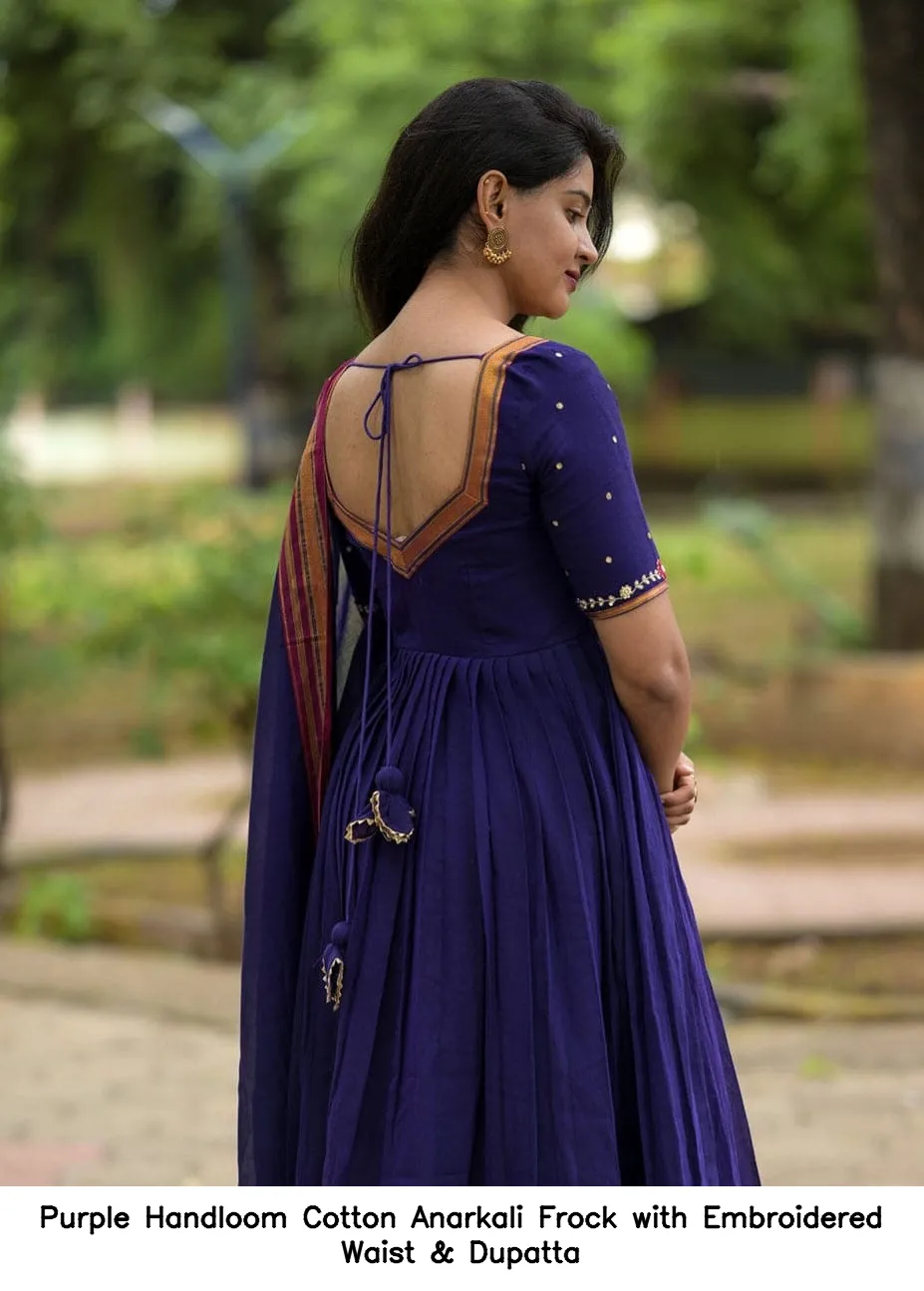 Purple Handloom Cotton Anarkali Frock with Embroidered Waist & Dupatta 5