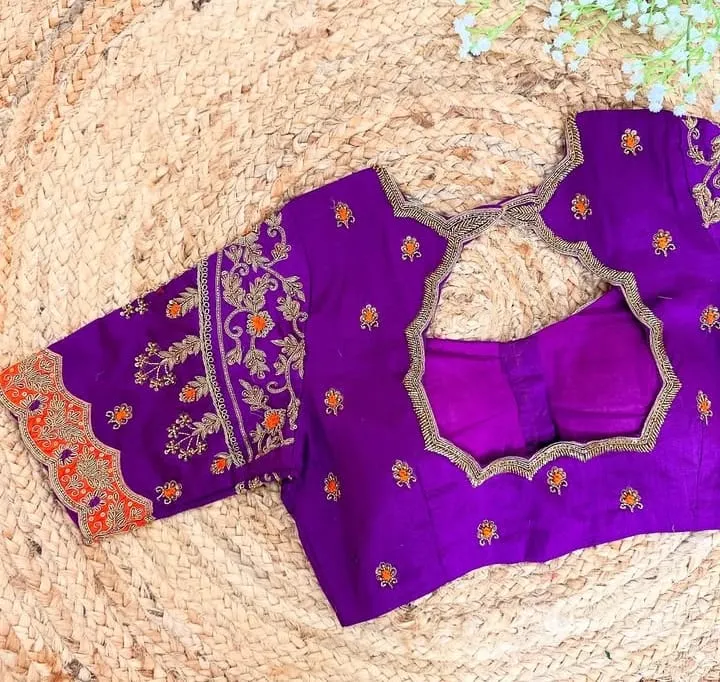 Purple Orange Scallop Cutwork Blouse - Handcrafted Maggam Work Silk Saree Blouse