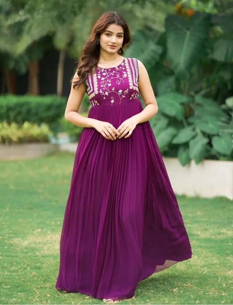 Purple Pleated Designer Maxi Dress | Floral Embroidered Festive Ethnic Gown | Elegant Party Wear for Women