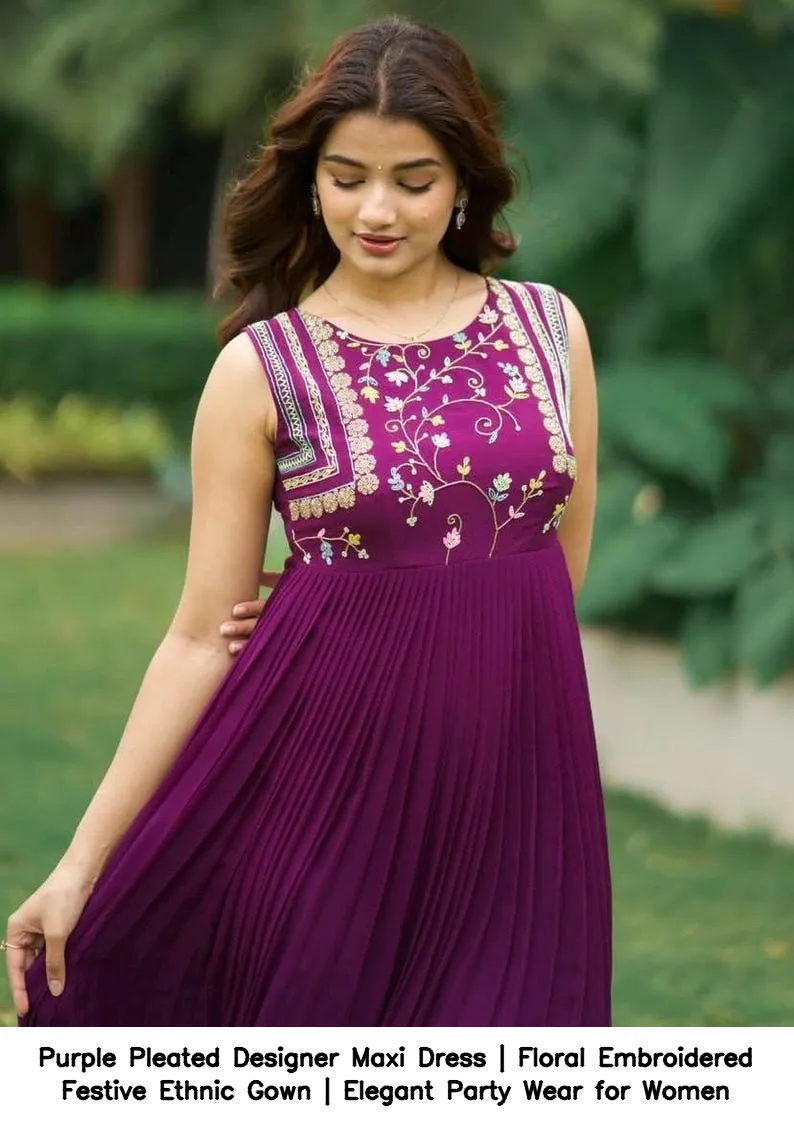 Purple Pleated Designer Maxi Dress | Floral Embroidered Festive Ethnic Gown | Elegant Party Wear for Women 2