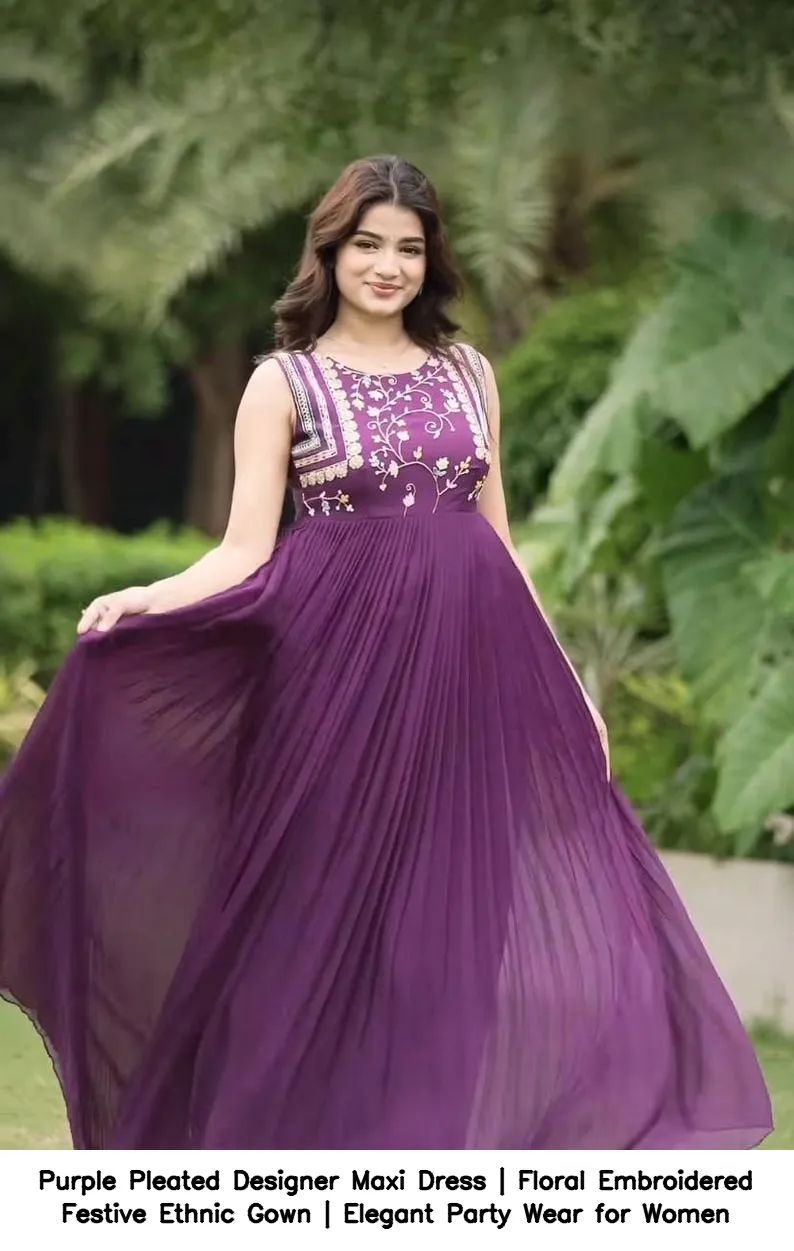 Purple Pleated Designer Maxi Dress | Floral Embroidered Festive Ethnic Gown | Elegant Party Wear for Women 3