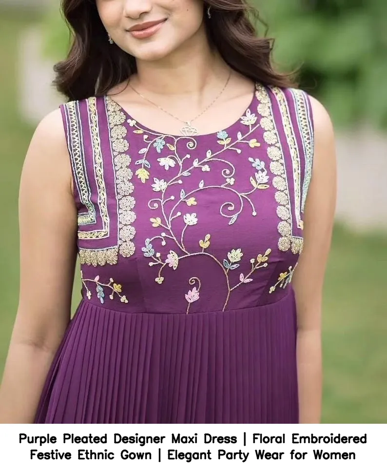 Purple Pleated Designer Maxi Dress | Floral Embroidered Festive Ethnic Gown | Elegant Party Wear for Women 4