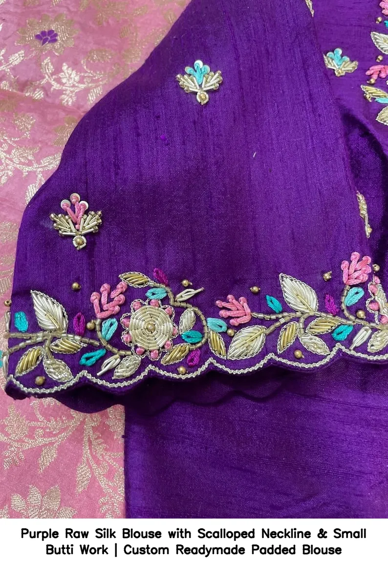 Purple Raw Silk Blouse with Scalloped Neckline & Small Butti Work | Custom Readymade Padded Blouse 3