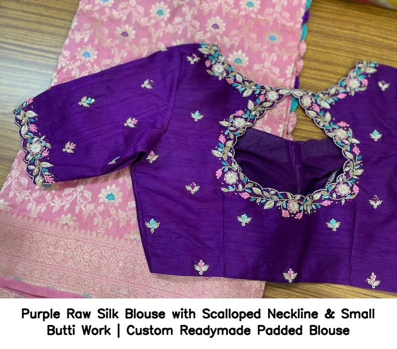 Purple Raw Silk Blouse with Scalloped Neckline & Small Butti Work | Custom Readymade Padded Blouse 5