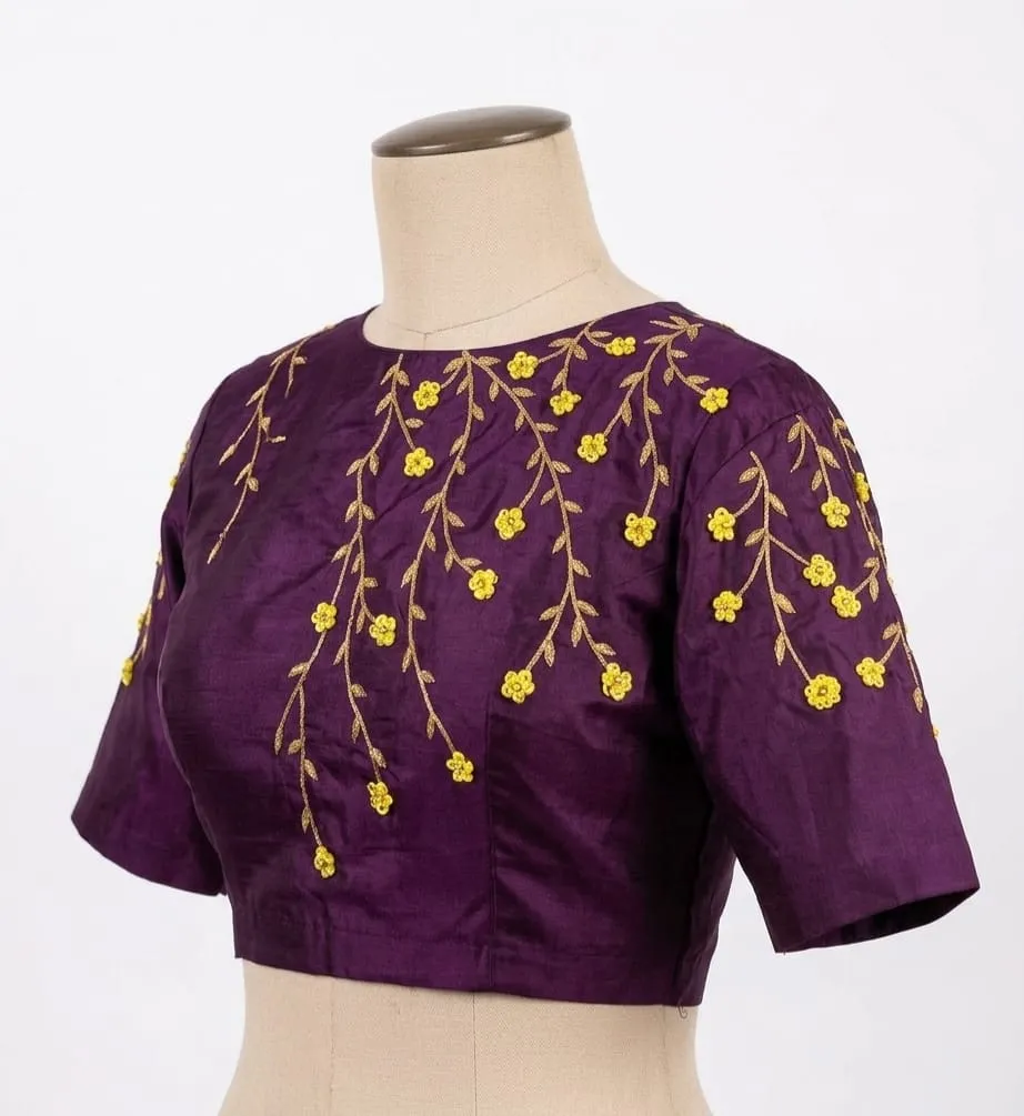 Purple Raw Silk Embroidered Blouse with Floral Vine Work & Back Zip